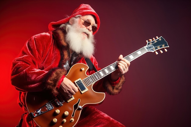 Músico Papai Noel tocando blues com uma guitarra elétrica vermelha Studio filmado em um fundo vermelho