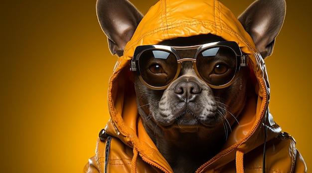 Foto músico perro gracioso con gafas de sol escuchando música perro de moda estrella de rock jefe perro