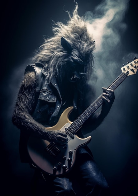 Foto músico de rock tocando la guitarra eléctrica en un fondo oscuro con humo