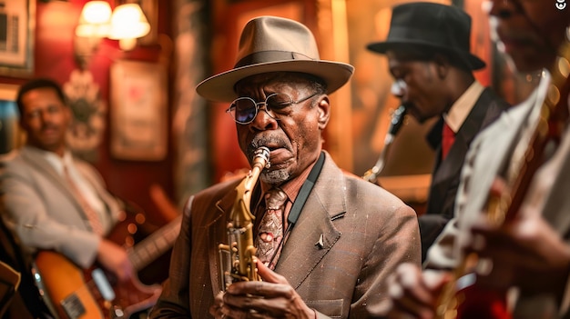 Músico senior de jazz tocando saxofón con una banda en un ambiente de club de estilo retro