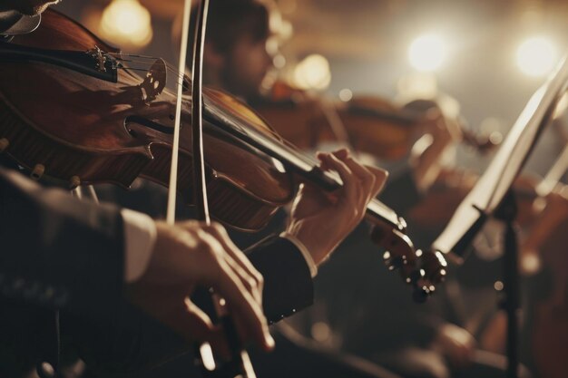 Foto músico talentoso tocando violino e violoncelo em orquestra, concerto, teatro, ópera, talento musical.