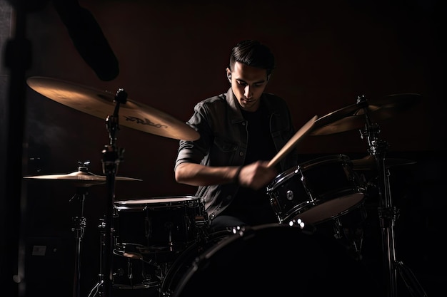 Músico toca bateria, baterista em fundo escuro Generative AI