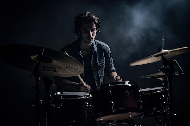 Músico toca bateria, baterista em fundo escuro Generative AI