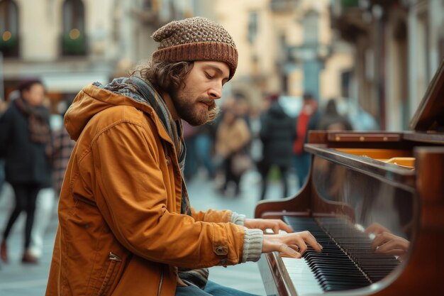Foto un músico toca un piano callejero en una ciudad.