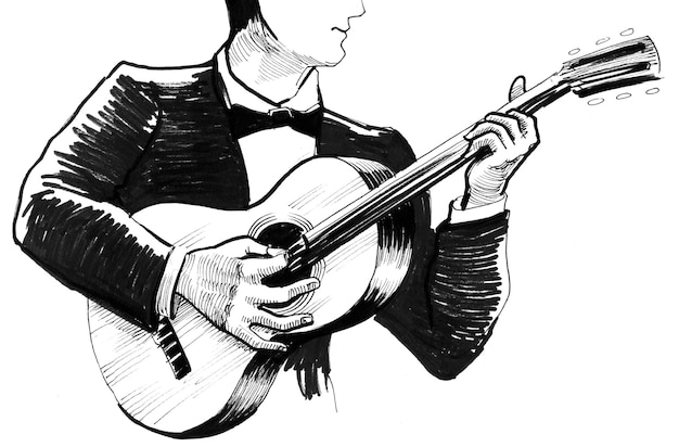 Músico tocando la guitarra. Dibujo a tinta en blanco y negro