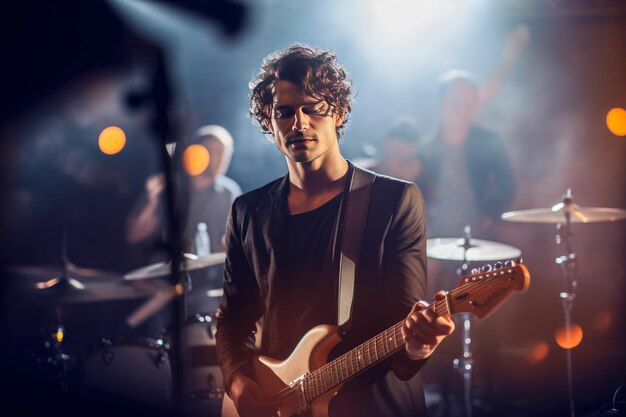 músico tocando guitarra elétrica no palco com banda de música ao fundo