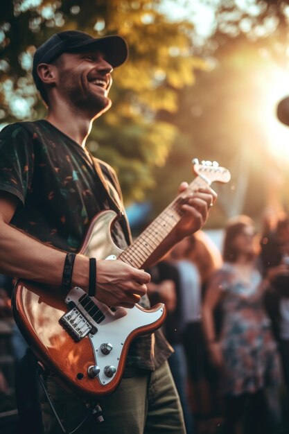 Foto músico tocando la guitarra frente a la multitud adecuado para promociones de conciertos