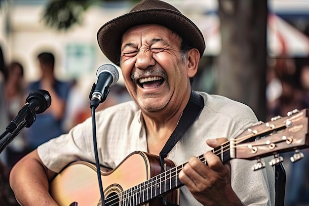 Un músico tocando una guitarra con una gran sonrisa mientras actúa para una audiencia al aire libre