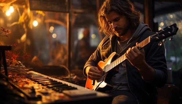 Foto un músico tocando la guitarra hábilmente arrancando cuerdas creando música rock generada por la ia