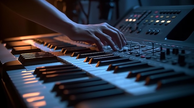 Músico tocando no teclado sintetizador teclas de piano