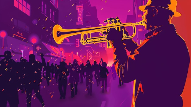 Un músico tocando la trompeta en una calle concurrida las luces de la ciudad se reflejan en la trompetta la música es animada y optimista