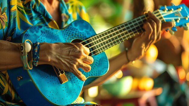 Un músico tocando un ukulele azul El músico lleva una camisa de colores y tiene una pulsera de cuentas en la muñeca