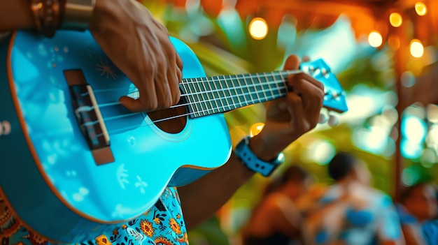Un músico tocando un ukulele azul El ukulele es un pequeño instrumento de cuatro cuerdas que a menudo se utiliza en la música hawaiana