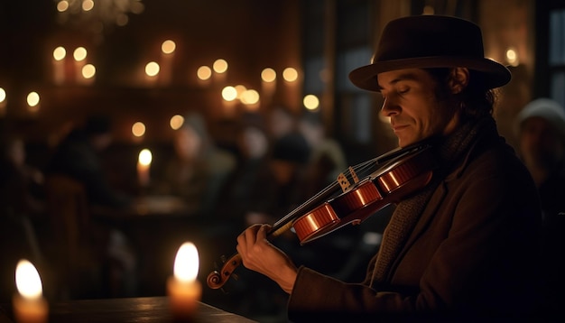 El músico violinista iluminó el oscuro escenario con elegancia generada por IA