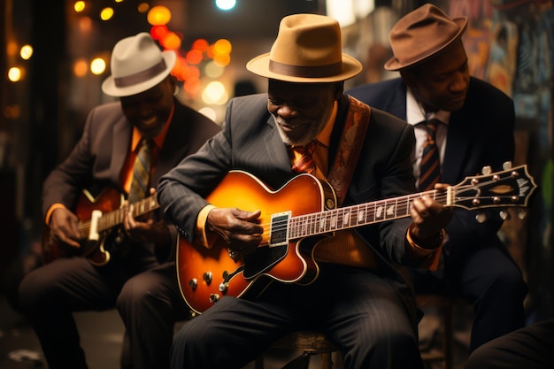 Músicos a tocar na rua à noite.