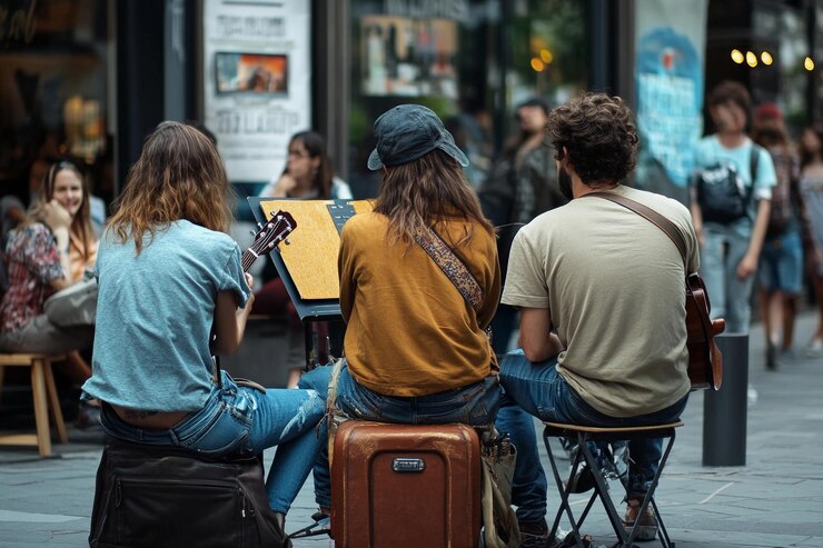 Los músicos actúan al aire libre en una vibrante plaza de la ciudad llena de gente AI generativa