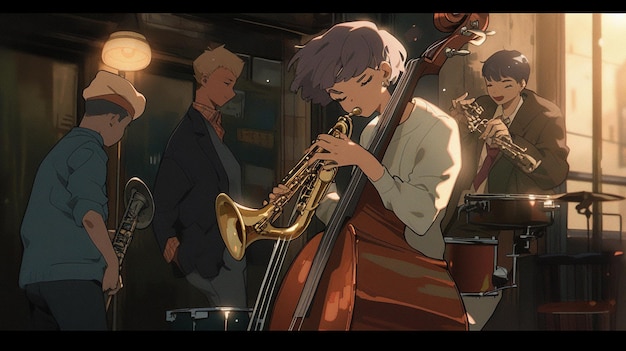 Músicos de anime tocando música em um ai generativo de rua da cidade lotada