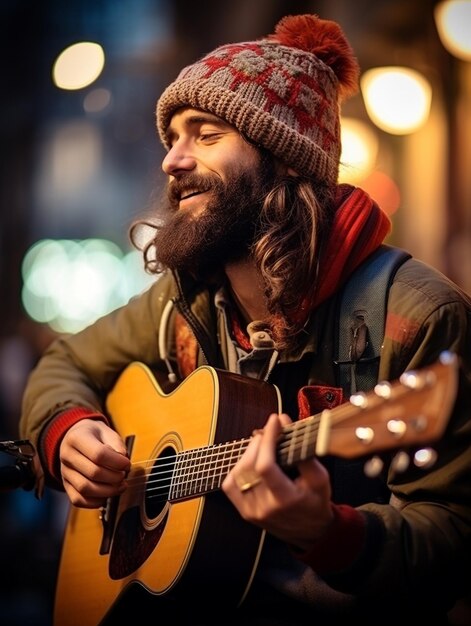 músicos de rua tocam do lado de fora nas faixas de pedestres do metrô fazem por diversão ou por dinheiro música criatividade fofa feliz guitarra estilo antigo vocais melodia sorrindo