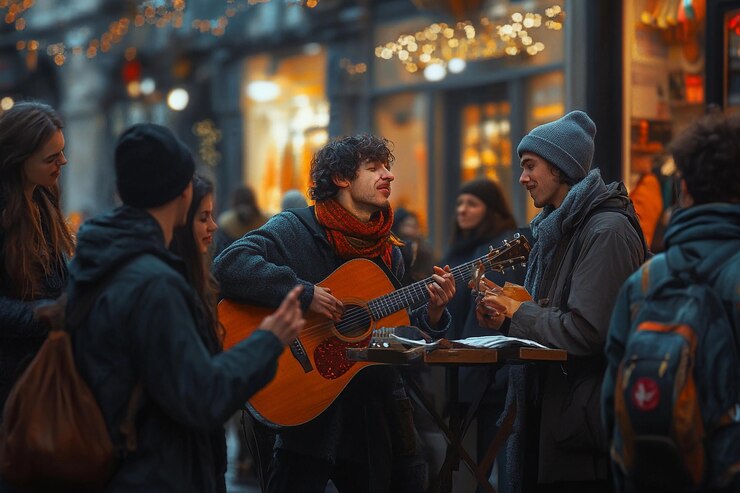 Los músicos entretienen a una multitud durante una noche festiva en un vibrante mercado callejero IA generativa