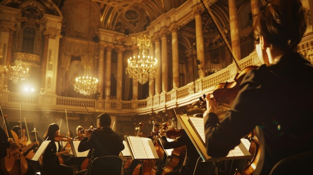 Músicos imersos em paixão tocando em uma sala de concertos opulenta