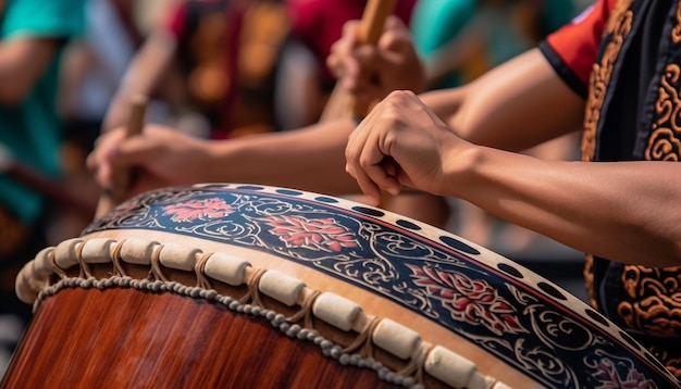 Foto músicos indígenas executam música tradicional de festival com instrumentos de percussão ao ar livre gerados por ia