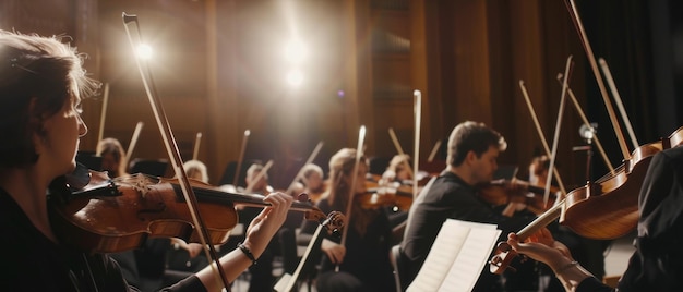 Músicos inmersos en una actuación sinfónica bajo luces brillantes del escenario