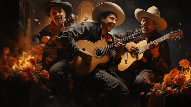 Los músicos de mariachi tocan apasionadamente en el fondo