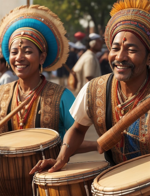 Músicos sonrientes tocan percusión en un festival cultural