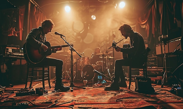 Músicos vivem fora do palco Músicos tocam música juntos sob a luz quente