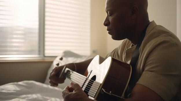 Foto musicoterapeuta masculino afro-americano meia-idade uso da música para melhorar a saúde física, emocional e mental em quarto de hospital ia generativa aig22