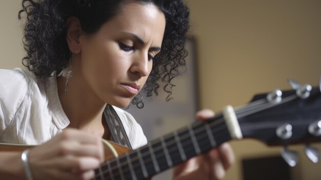 Musicoterapeuta Mujer hispana madura Uso de la música para ayudar a los clientes a manejar problemas físicos, emocionales y mentales en la sala de terapia IA generativa AIG22
