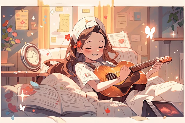 Los musicoterapeutas utilizan el poder del sonido para brindar consuelo y curación a quienes lo necesitan, transformando el dolor en armonía, ilustración de estilo anime manga, ai generativo.