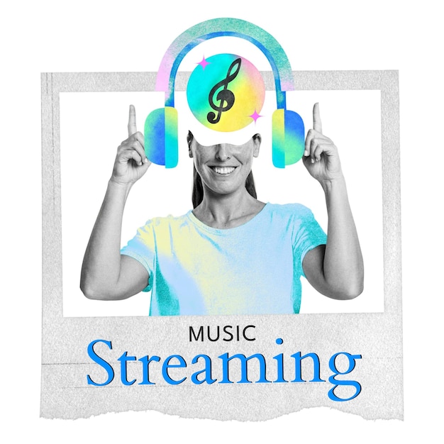 Musik dampfende Wörter png Frau mit Kopfhörern Collage Remix