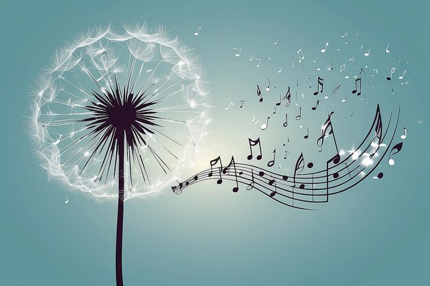 Foto musik dandelion blume mit fliegenden musikalischen noten vektor-illustration