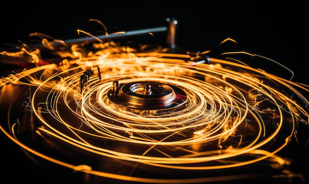 Musik-DJ-Konzept Spur von Feuer und Rauch auf Schallplatte Brennende Schallplatte Plattenspieler-Schallplattenspiel Selektiver Fokus