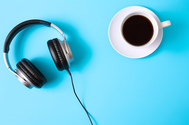Foto musik- oder podcast-hintergrund mit elektronischen geräten, kopfhörern, kaffee und laptop auf dem schreibtisch