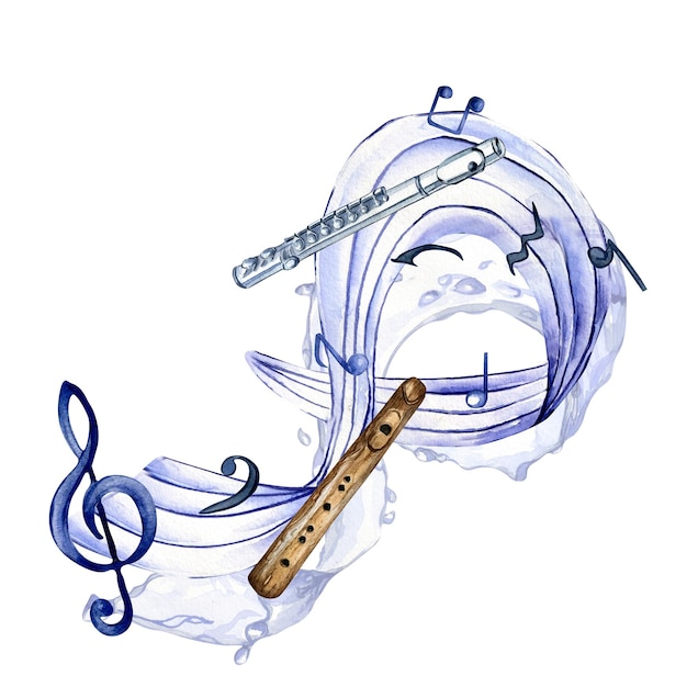 Musikalische Symbole und Klarinettenmusikinstrument-Aquarellillustration lokalisiert auf Weiß