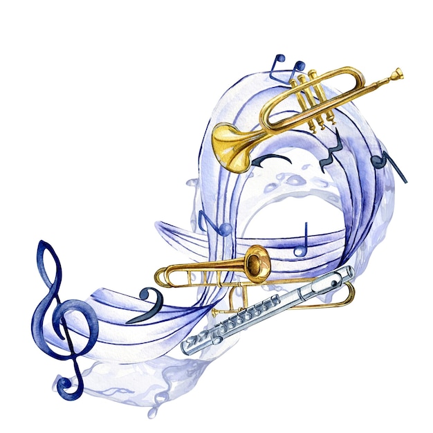 Musikalische Symbole und Windmusikinstrument-Aquarellillustration lokalisiert auf Weiß