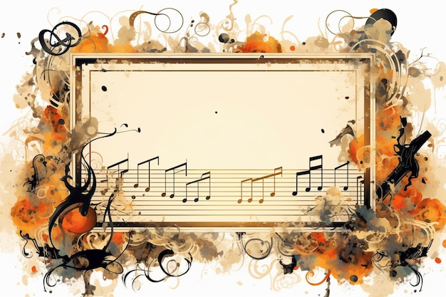 Musikalischer Rahmen umgeben von Musikelementen und Noten