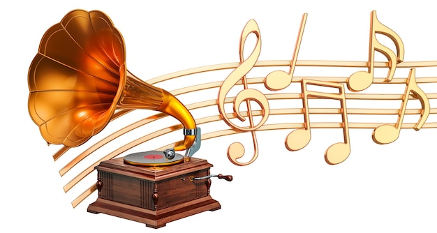 Musikalisches Konzept Grammophon mit Musiknoten 3D-Rendering