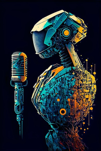 Musikdesign für Konzerte, Musikveranstaltungen. Kunstdesign mit Dj-Roboter und Mikrofon. Ai generiert.
