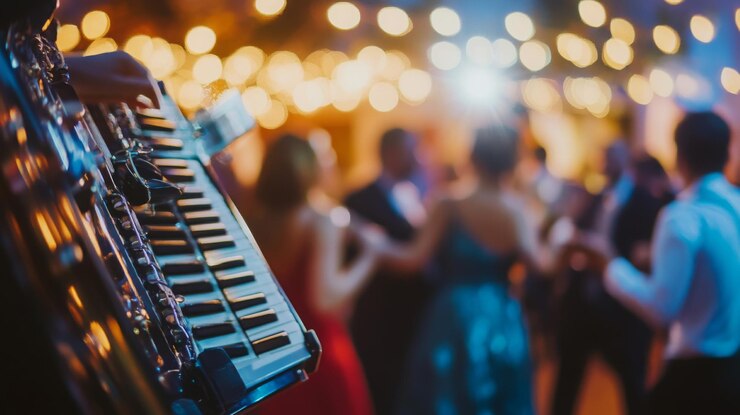 Foto musiker spielen akkordeon bei einem festlichen abend mit tanzenden gästen