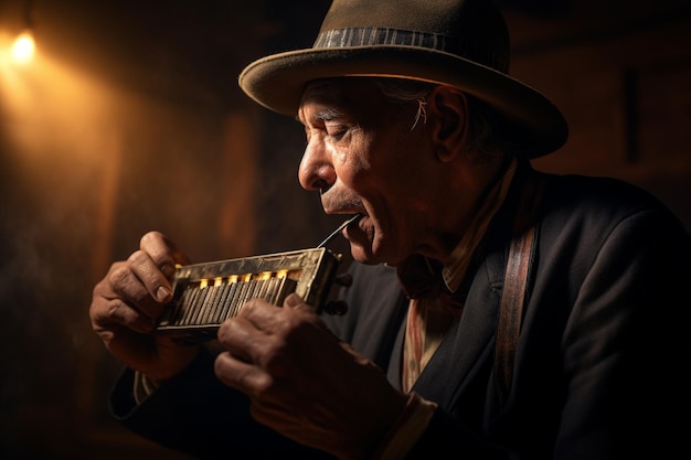 Foto musiker spielt eine gefühlvolle blues-melodie auf einem vintage 00359 00