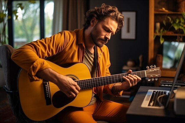 Foto musiker spielt gitarre bei einem online-konzert zu hause