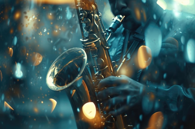 Musiker spielt Saxophon auf einem verschwommenen Hintergrundmelodie-Musik-Sound