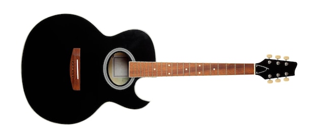 Musikinstrument Vorderansicht schwarze Cutaway-Akustikgitarre ohne Saiten isoliert