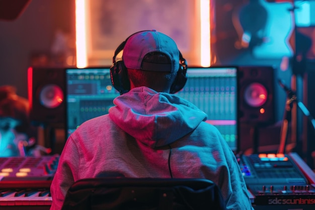 Musikproduzent arbeitet in einem modernen Studio mit farbenfrohen Lichtern und verschiedenen Tongeräten, um die Essenz der Kreativität zu erfassen