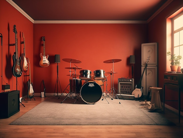 Musikstudio-Aufnahmeraum in roter Wand, KI generiert