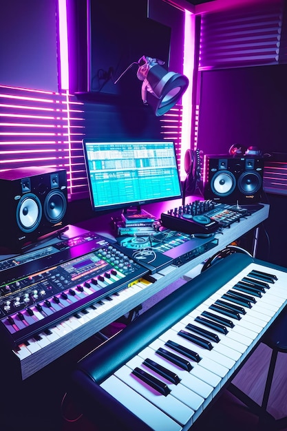 Musikstudio mit Keyboard-Monitor-Mikrofon und Soundboard Generative AI