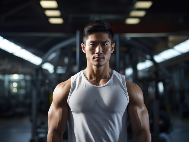 Muskulöser asiatischer junger Mann im Fitnessstudio zeigt Muskeln Fitness-Modell Züge im Fitnessstudio